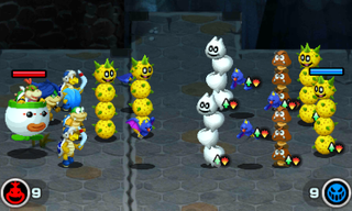 Screenshot of a battle at the Line up! quest in the Bowser Jr.'s Journey mode of Mario & Luigi: Bowser's Inside Story + Bowser Jr.'s Journey.