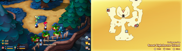 Mario and Luigi near 4 Plug Radishes containing 20 Coins on Great Lighthouse Island of the Lushgreen Sea of Mario & Luigi: Brothership.