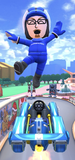 The Blue Mii Racing Suit performing a trick.