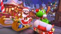 Mario (Santa), Yoshi (Reindeer), and Bowser (Santa) driving on the course