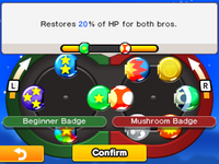 Screenshot of the badges menu in Mario & Luigi: Bowser's Inside Story + Bowser Jr.'s Journey