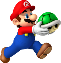 Artwork of Mario holding a Green Shell in New Super Mario Bros. Wii
