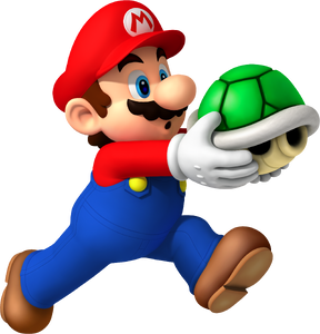 Artwork of Mario holding a Green Shell in New Super Mario Bros. Wii