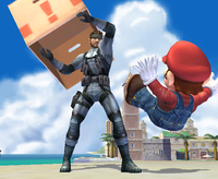 Solid Snake revealing himself to Mario (in the middle of performing a taunt) from his Cardboard Box in Super Smash Bros. Brawl