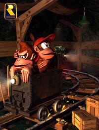 Artwork of Donkey Kong and Diddy Kong in a Mine Cart; a Krash is in a corner behind them.