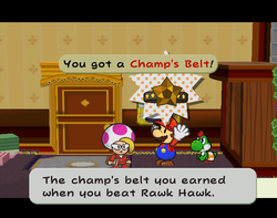 Mario getting the Champ's Belt from Jolene in Glitz Pit of Paper Mario: The Thousand-Year Door.