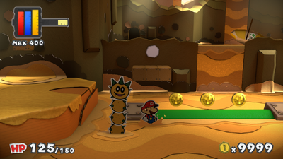 Mario near 3 Coins in Mustard Café of Paper Mario: Color Splash.