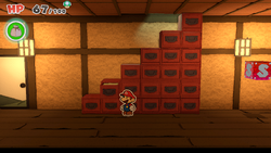 Mario standing near a drawer containing a Coin in Ninja Attraction of The Origami King.