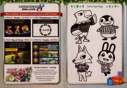 Spread of the seventh and eighth pages in the Nintendo Holiday Activity & Gift Guide