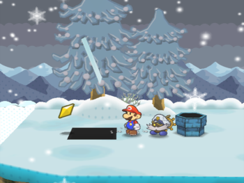 Mario getting the Star Piece under a hidden panel to the left of the pipe to Rogueport in Fahr Outpost's path in Paper Mario: The Thousand-Year Door.