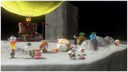 Screenshot of Mario with various non-playable characters in the Moon Kingdom from Super Mario Odyssey. From left to right, they are: a Volbonan, a Bonneter, a Bubblainian, a Tostarenan, a Shiverian, the dog, a New Donker, a Steam Gardener, a Lochlady, and Captain Toad.