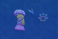 Peach floating down with her parasol while underwater in Super Paper Mario.