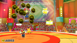 Mario being given a coin reward for completing the Sudden Death round of Shy Guys Finish Last in Spring of Rainbows of The Origami King.