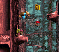 Kiddy Kong jumps to a Knik-Knak, with the letter N above it, in Springin' Spiders