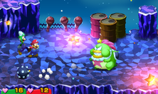 Luigi jumping over one of the spike balls Tolstar threw in the original Mario & Luigi: Superstar Saga and Mario & Luigi: Superstar Saga + Bowser's Minions