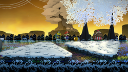 Mario getting a Coin from a tree in Boggly Woods of Paper Mario: The Thousand-Year Door for Nintendo Switch.