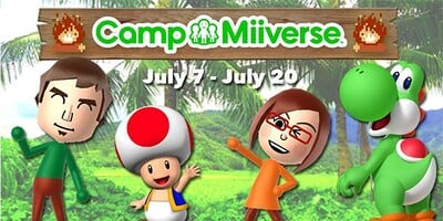 Promotional artwork for the 2015 edition of Camp Miiverse, showing the hosts Tom and Amy standing alongside Toad and Yoshi under the event's logo and its original period (July 7–July 20)