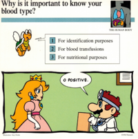 Dr. Mario tells Peach her blood type in a quiz card.