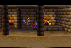 Mario finding the second Ruins Key in Dry Dry Ruins of Paper Mario.