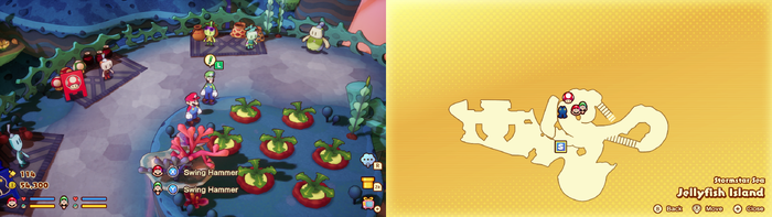 Mario and Luigi near 6 Plug Radishes containing 30 Coins and a Grampy Turnip on Jellyfish Island from Mario & Luigi: Brothership.