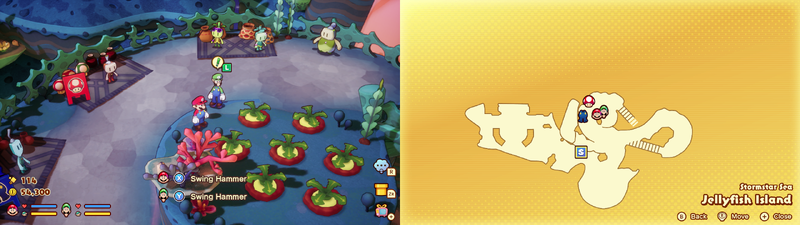 Mario and Luigi near 6 Plug Radishes containing 30 Coins and a Grampy Turnip on Jellyfish Island from Mario & Luigi: Brothership.