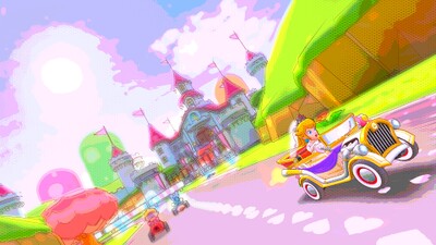 N64 Royal Raceway R or R/T: Peach (Wedding) driving the Happy Ride kart alongside Builder Toadette (in the Red Turbo Birdo kart) and Birdo (Light Blue) (in the Rose Queen kart)