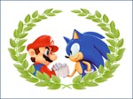 Mario & Sonic at the Olympic Games artwork: Mario and Sonic the Hedgehog clasp hands.