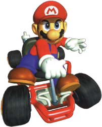 Artwork of Mario driving his kart in Mario Kart 64