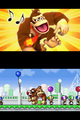 Donkey Kong charging through the line of Toads