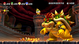 The four playable characters throwing fireballs at Super Bowser