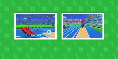 Screenshot of the Long Jump Plus event in the Nintendo 3DS version of Mario & Sonic at the Rio 2016 Olympic Games