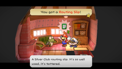 Mario getting the Routing Slip from Kroop in Petalburg of Paper Mario: The Thousand-Year Door for Nintendo Switch.