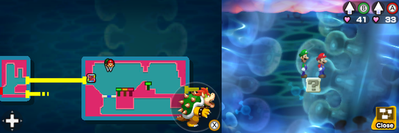 First block in Pump Works of Mario & Luigi: Bowser's Inside Story + Bowser Jr.'s Journey.