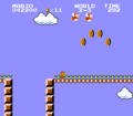 Mario crossing the tall bridge infested with leaping Cheep-cheeps in World 2-3.