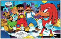 Knuckles meets the Marxio Brothers, a parody of the Mario Bros. and the Marx brothers.