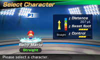 Baby Mario's stats in the golf portion of Mario Sports Superstars
