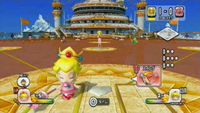 Baby Peach up to bat in the Daisy Cruiser stage in Mario Super Sluggers