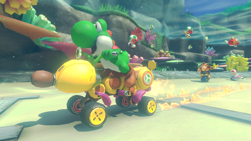 Yoshi driving the Wild Wiggler kart through Dolphin Shoals in Mario Kart 8