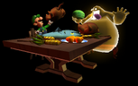 Luigi and a Gobber having dinner