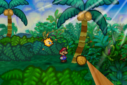 Mario finding Coconut in the first scene of the Lavalava Island Beach of Paper Mario.