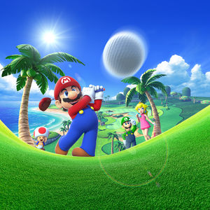 Artwork for Mario Golf: World Tour. From left to right: Toad, Mario, Luigi and Peach.