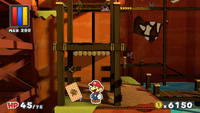Mario near a Hammer Battle Card in Marmalade Valley of Paper Mario: Color Splash.