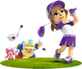 A Mii golfing with Chargin' Chuck, Toadette, and Boo watching