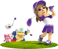 Artwork of Mii golfing, with Chargin' Chuck, Boo and Toadette spectating in Mario Golf: Super Rush