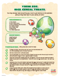 Printable recipe for Yoshi Egg rice cereal, featuring Yoshi's New Island artwork