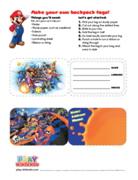 Printable sheet with backpack tags featuring Super Smash Bros. for Wii U and Splatoon branding, as well as a set of instructions for printing and using these tags
