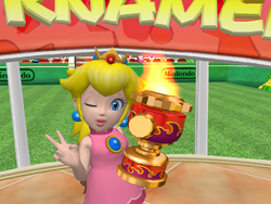 Peach's trophy animation in Mario Power Tennis