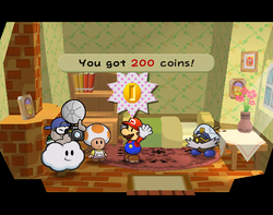 Mario getting 200 Coins from the innkeeper in Petalburg of Paper Mario: The Thousand-Year Door.