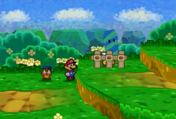 Mario finding Sleepy Sheep in Pleasant Path of Paper Mario.