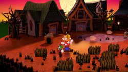 Mario getting a Coin from a bush in Twilight Town of Paper Mario: The Thousand-Year Door for Nintendo Switch.